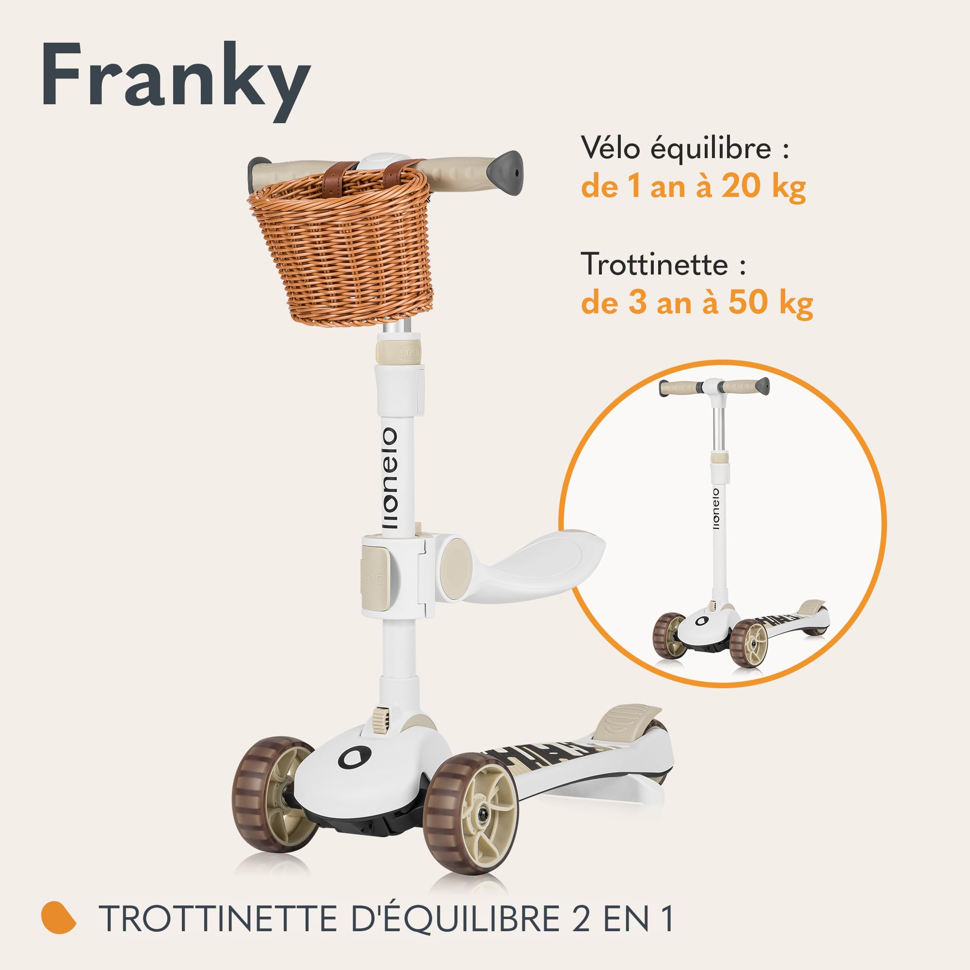lionelo-franky-trottinette-enfant-2-en-1-draisienne-beige-roues-led image 2